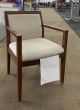 Angle view of Pre-owned Global wood side chair has light tan upholstered seat and back, with a cherry frame with (4) post legs. -A GRADE-